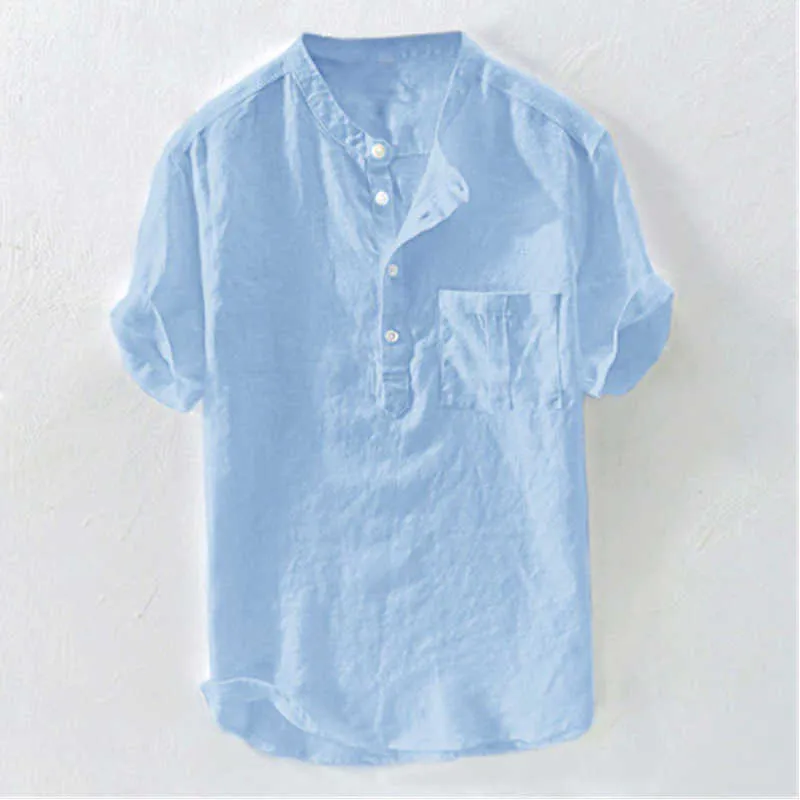 Hommes chemises décontractées hommes coton lin t-shirts à manches courtes Hippie décontracté plage T dessus de chemise poche Guayabera chemises W0328