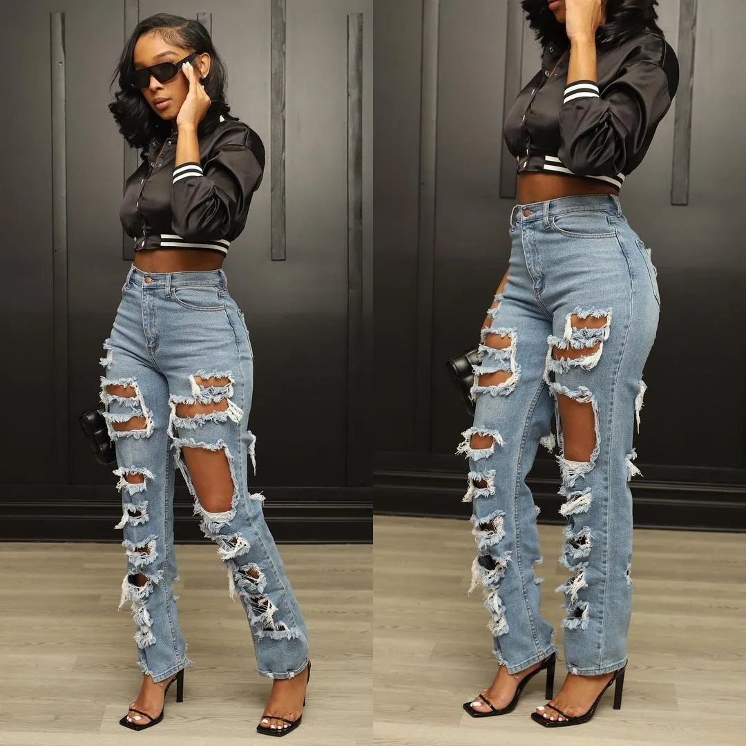 Womens Jeans Sexy Ripped Woman Baggy Women Denim Pants Holes Destroyed