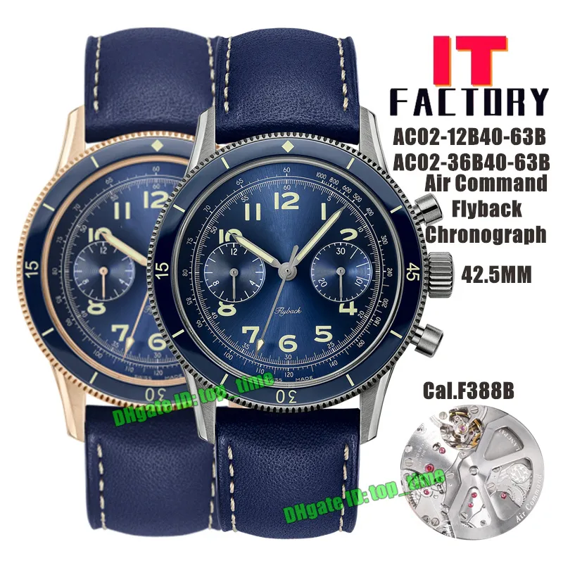 It Factory Watches AC02 Air Command Flyback Chronograph F388B Automatisk titan / rosa guldfodral Mens Titta på Blue Dial Leather Strap Gents armbandsur