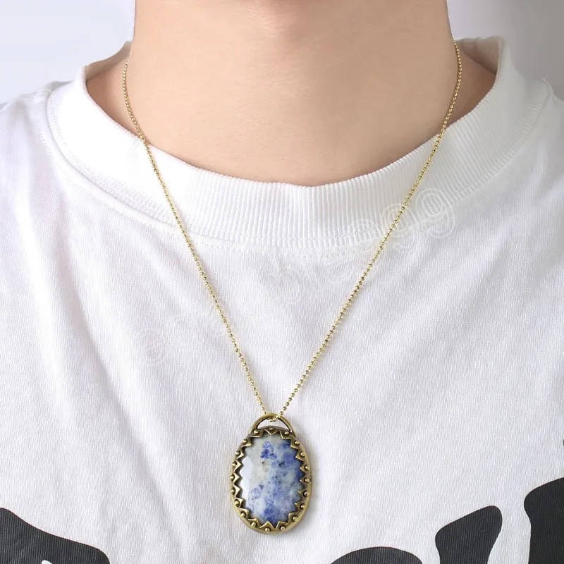 Natural Crystal Stone Necklace Pendant Oval CAB Cabochon Bead Brass Base White Dot Blue egg Pendants Jewelry for Women