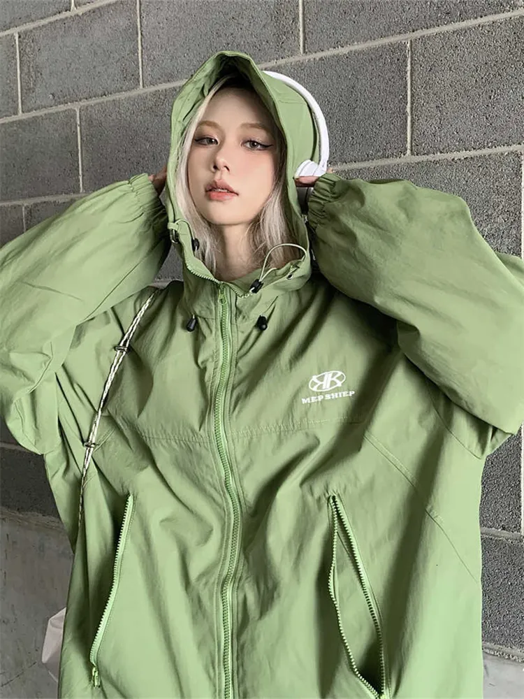 Trench-Coats Femme QWEEK Y2K Vert Veste Coupe-Vent Femme Surdimensionné Hip Hop Streetwear Noir Manteau À Capuche Imperméable Harajuku Techwear Survêtement 230331