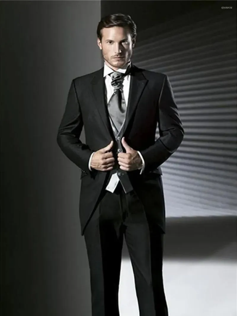 دعاوى الرجال 2023 Dark Black Tweed Men's 3 قطع الأعمال من Notch Tuxedos Groomsmen لحضور حفل زفاف Slim (سروال جاكيت سترة)