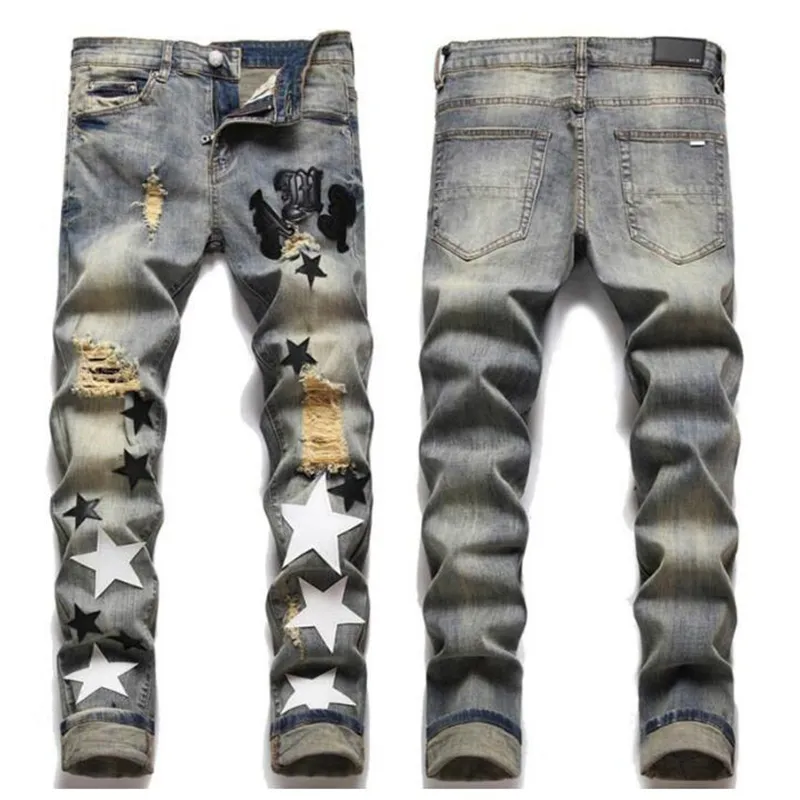 Europese trend Jean Letter Star Jean Men Embroidery patchwork gescheurde jeans trend merk motorfiets pant heren skinny jeans