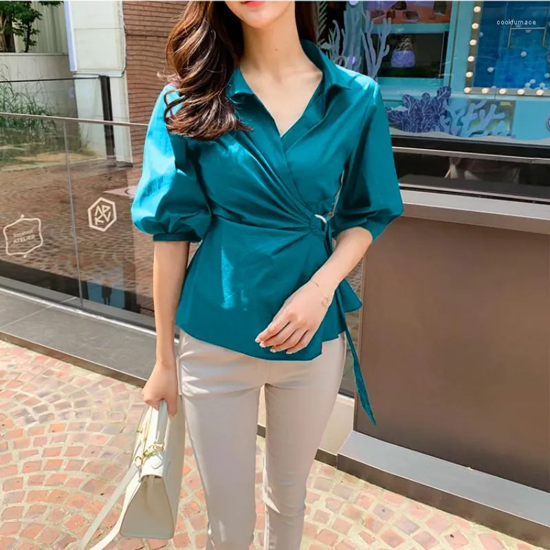 Blouses pour femmes 2023 marque femmes chemises col en v demi manches lanterne été Blouse élégant bureau dame Peplum hauts Chemise Blusa Mujer