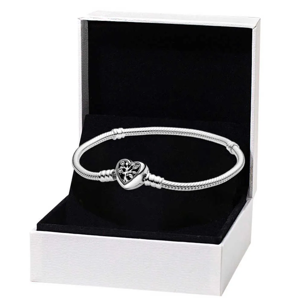 Real Sterling Silver Family Tree Heart Clasp Snake Chain Bracelet