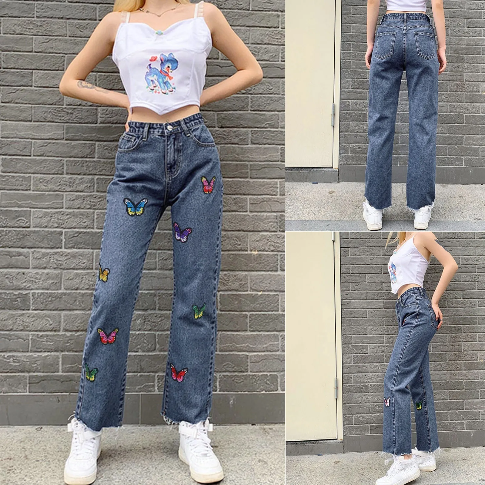 Jeans pour femmes Y2K Papillon Jean Harajuku Denim Troousers Casual Cowboy Femme Lâche Streetwear Mode Brodé Pantalon Droit 230331