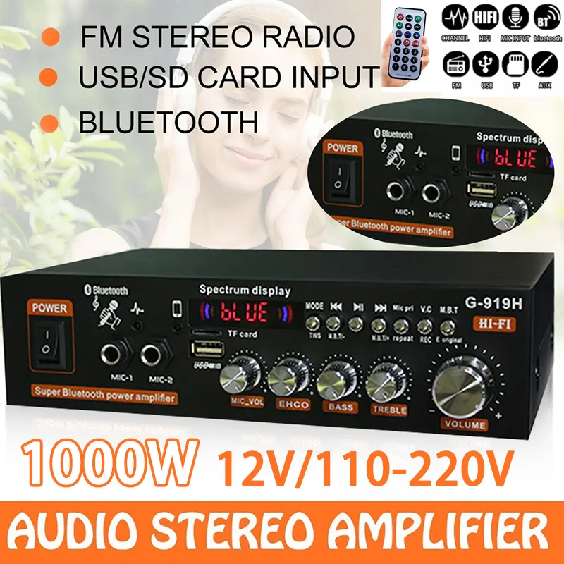 Karaok Player AK35G919H Amplificatori di potenza per auto da casa da 1000 W Suono surround Bluetooth a 2 canali FM USB Telecomando Mini HIFI Amplificatore stereo digitale 230331