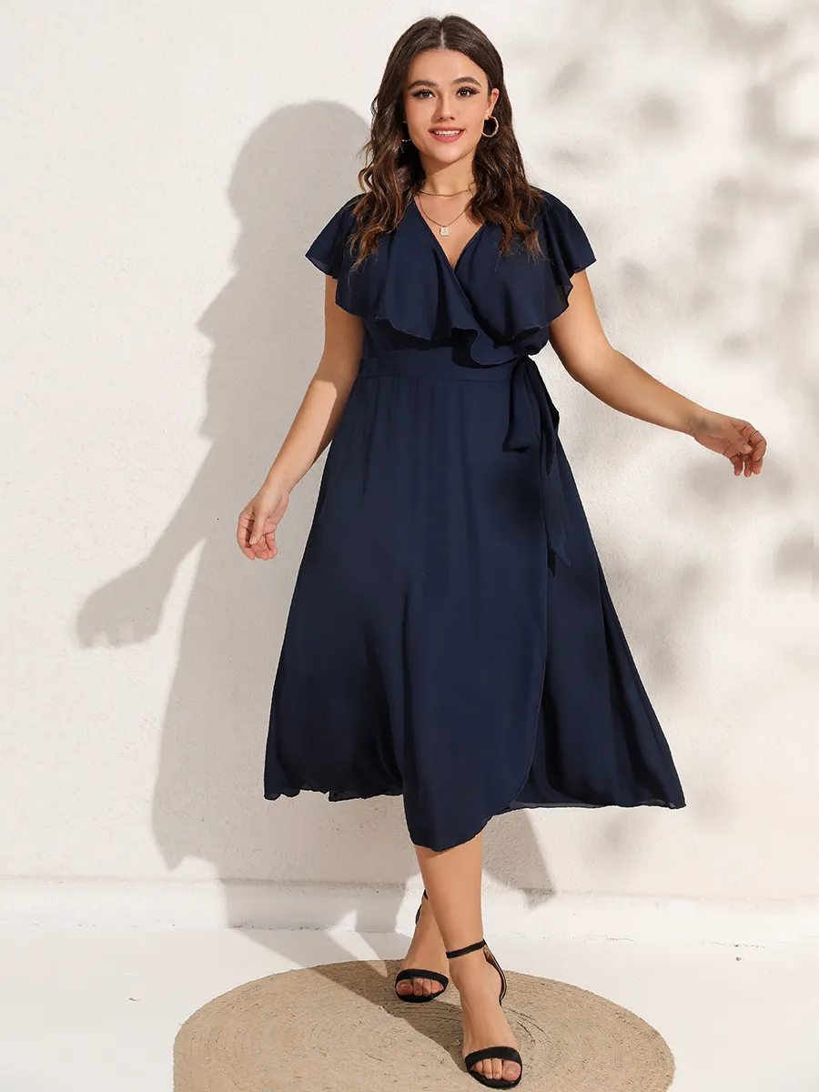 Plus size Dresses Finjani Party For Women Size Summer Midi VNeck Solid Ruffle Sleeve Belted Wrap 230330