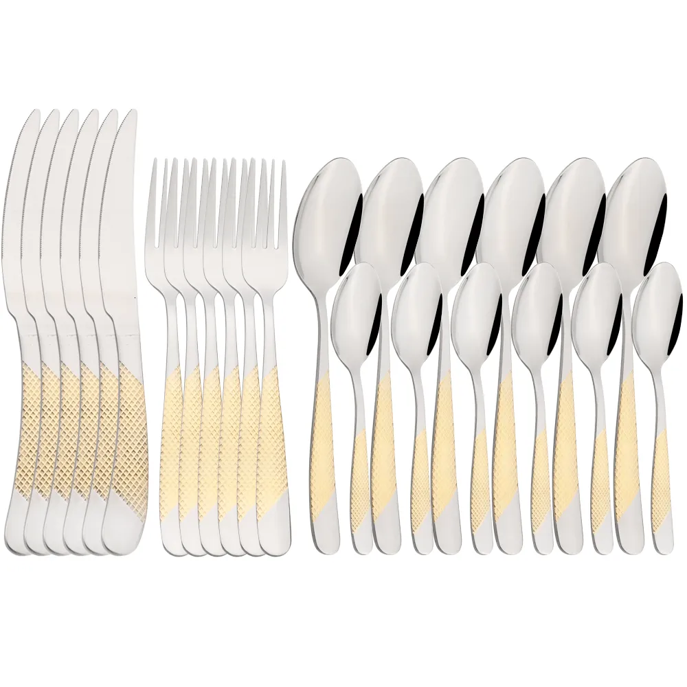 Dinnerware Sets Drmfiy Retro Gold 24Pcs Tableware Set Stainless Steel Tableware Set Knife Fork Spoon Silver Ware Kitchen Color Tableware Set 230331