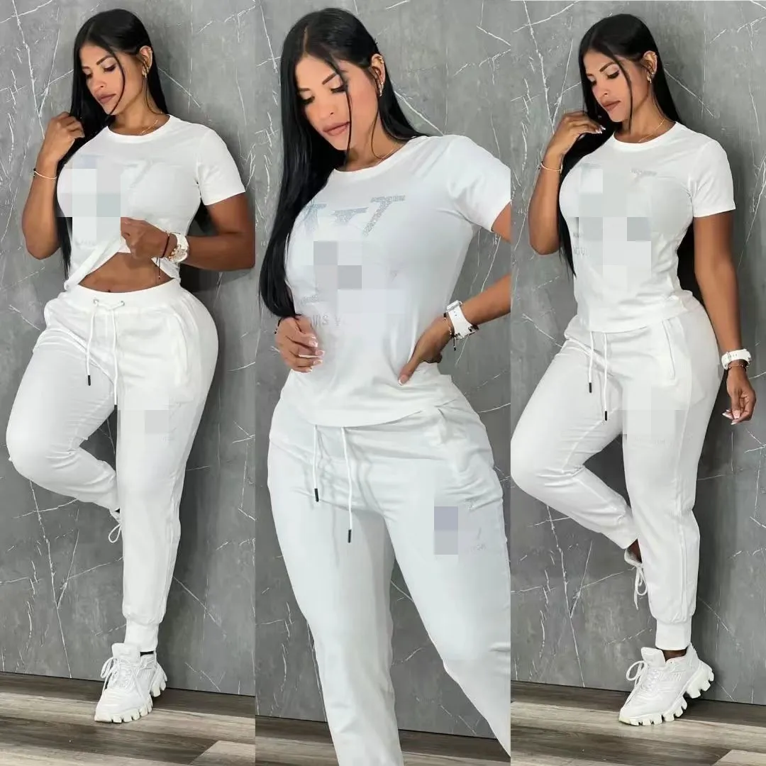 2023 Tracksuits Womens Two Piece Pants Casual Sequins T-shirt and Trousers Set Summer Outfits Free Ship