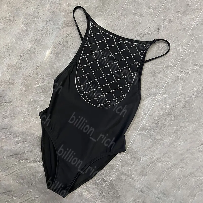 Lyxiga kvinnor bikini badkläder svart shinny strass en bit baddräkt sexig rygglös baddräkter