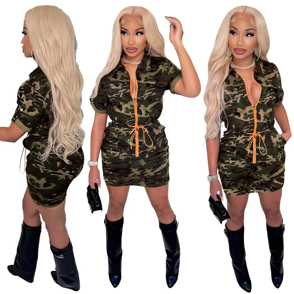 Ontwerper Camo-jurk Plus maat 3XL Dames Korte mouw Turn-down kraag Camouflagejurk Casual Rits Cargo Lace-Up Pullover-jurk Bulkartikelen Groothandel Kleding 9631