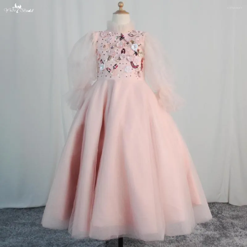 Fille robes FG94 rose dentelle fleur étage longueur manches longues gonflé Floral princesse Tulle première Communion robe enfants mignons