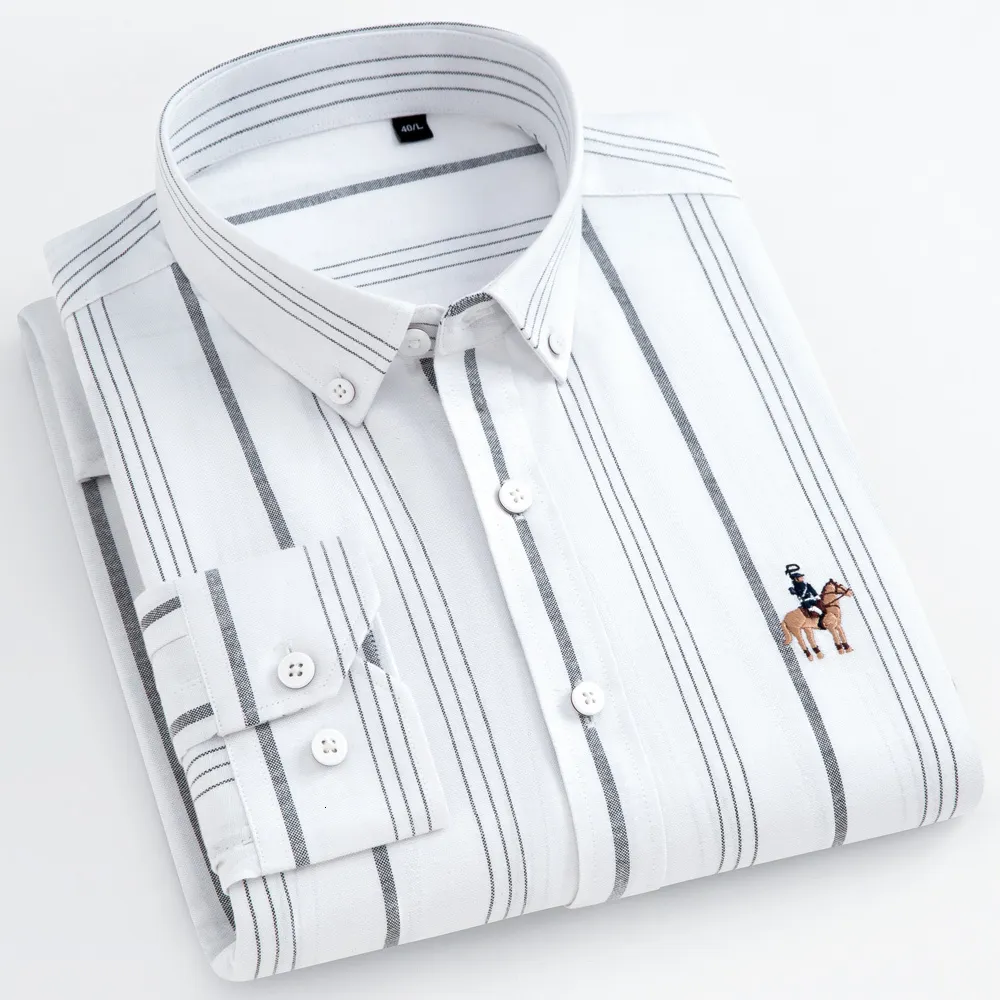 Chemises décontractées pour hommes Chemise Oxford décontractée à manches longues à rayures contrastées pour hommes brodée pour plus de confort boutons ajustés standard 230331