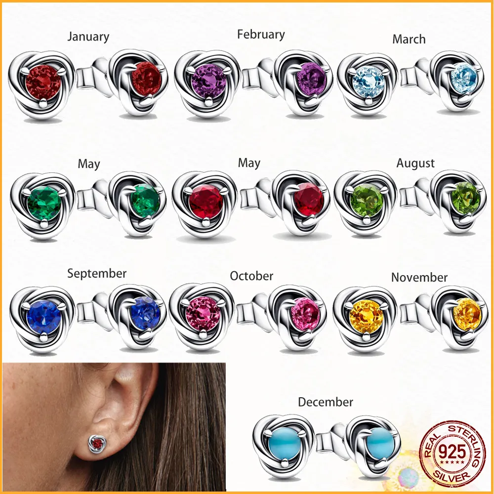 925 Sterling Silver Pandora Charm Mois Pierre De Naissance Éternité Cercle Boucles D'oreilles Femmes Anniversaire Bijoux Commémoratifs Cadeau Exquis