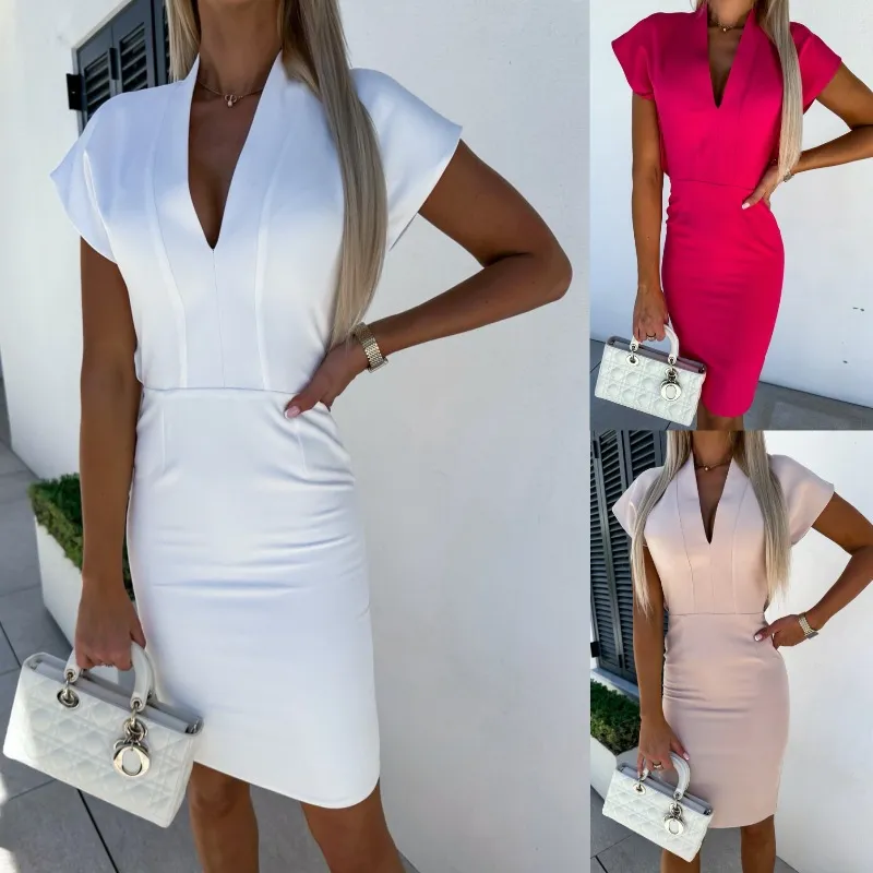 Women's Casual Dress 2023 Summer New Slim Fit Solid V-Neck Temperament Commuter Dress Women