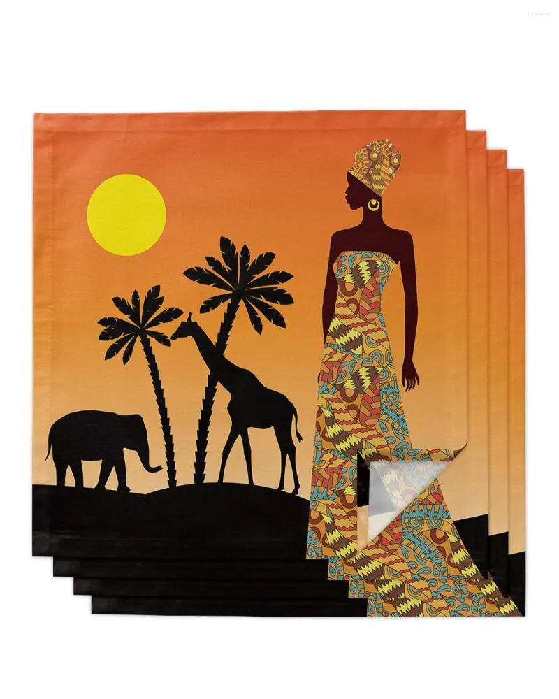 Tovagliolo da tavola 4 pezzi Donne africane Elefante Giraffa Quadrato 50 cm Decorazione di nozze per feste Panno Cucina Cena Tovaglioli