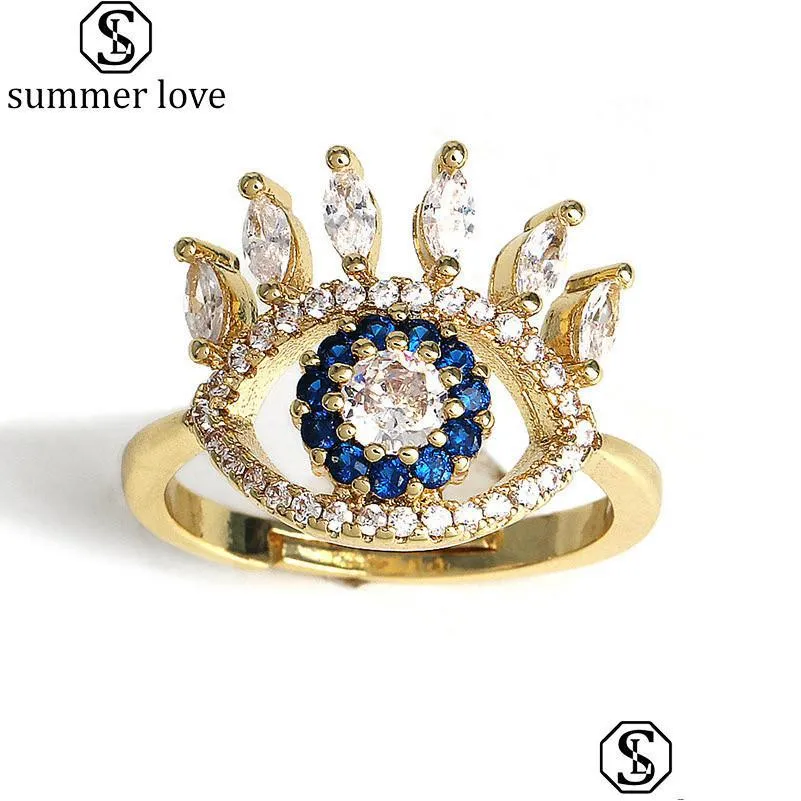 Anelli a fascia di alta qualità blu malocchio anello femminile ragazza moda strass gioielli regolabili oro bague per le donne San Valentino Dhgarden Dhgmd