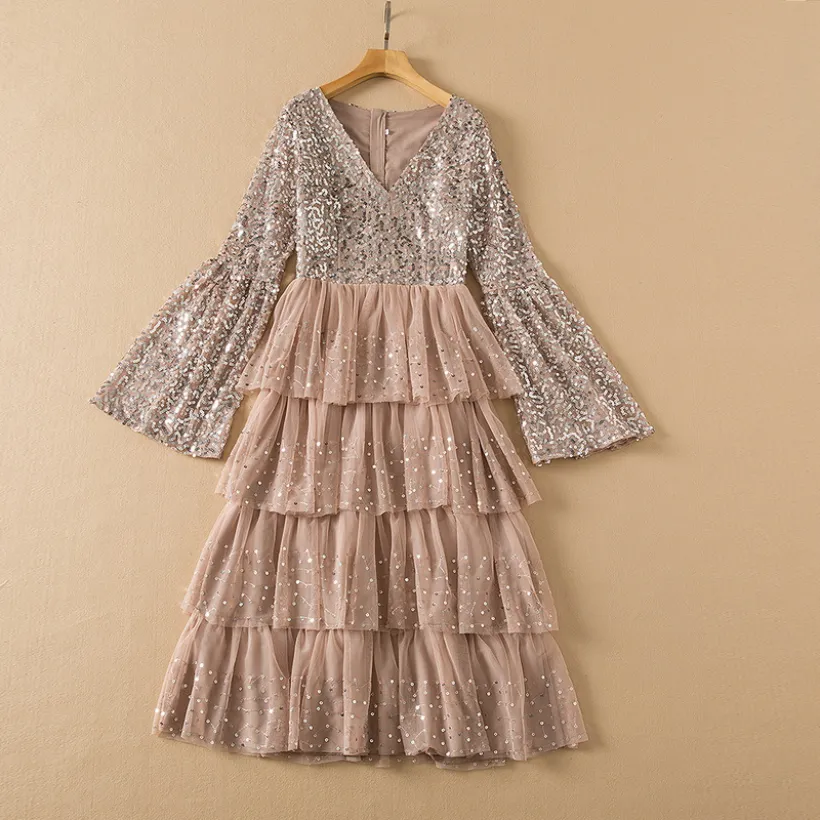 Spring Khaki Tulle Sequins Tiered Dress Flare Sleeve V-Neck Midi Casual Dresses S2N221459 Plus Size XXL