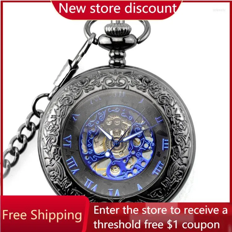 Pocket Watches Magnifying Glass Blue Mechanical Vintage Clamshell Hollowed Out Necklace Watch