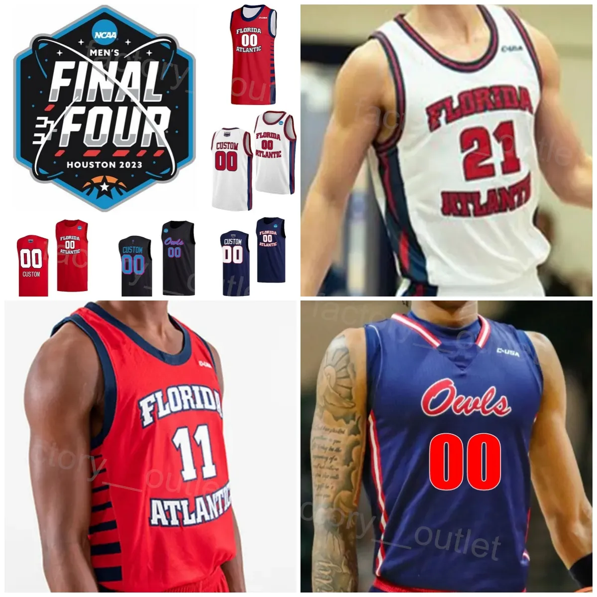 NCAA 2024 Final Four Jerseys Florida Atlantic Owls Basketball Custom College Jerseys