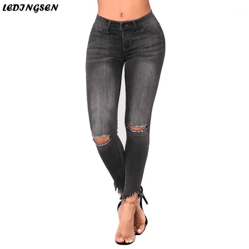 Women's Jeans LEDINGSEN 2023 Womens Black Skinny Ripped High Waist Vintage Slim Fit Distressed Denim For Women Plus Size 4XL