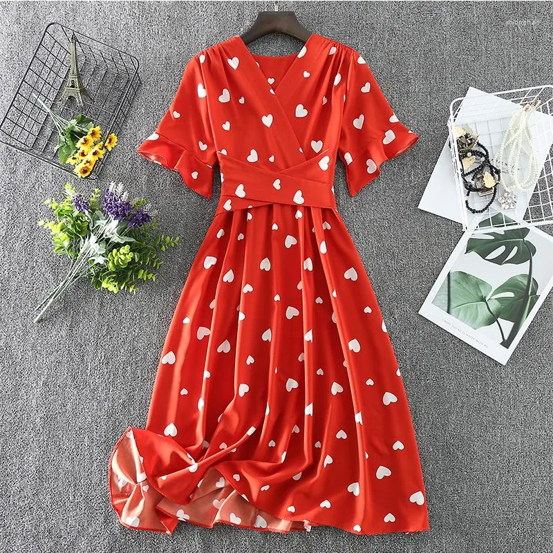 Party Dresses Summer Love Cherry Pattern Short Sleeve V-Neck -Length A-Line Chiffon Red Pink White Black Green Yellow Coctail Dress 9738