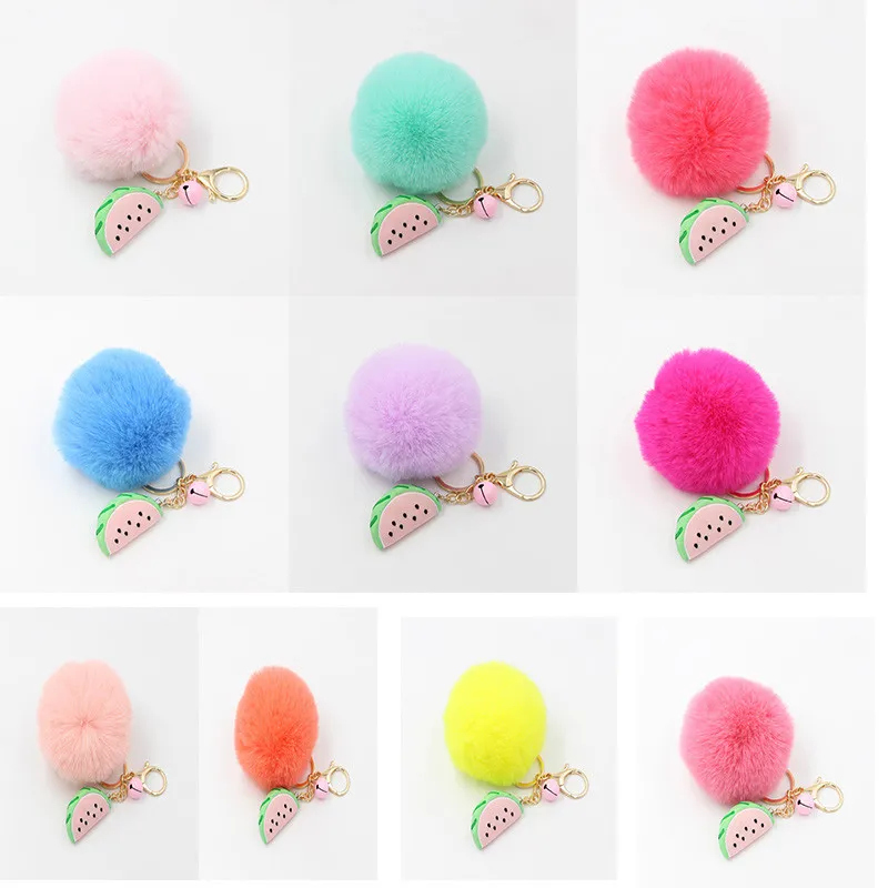 Pom Keychains Fake Rabbit fur ball key chain porte clef pompom de fourrure fluffy Bag Charms watermelon keychain Keyring df151