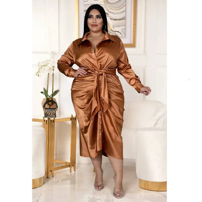 Plus la taille Robes Élégant Satin Taille Femmes Chemise Robe Sexy Ruché À Manches Longues À Lacets Soirée Midi Drerss Robe Africano Feminino 230330