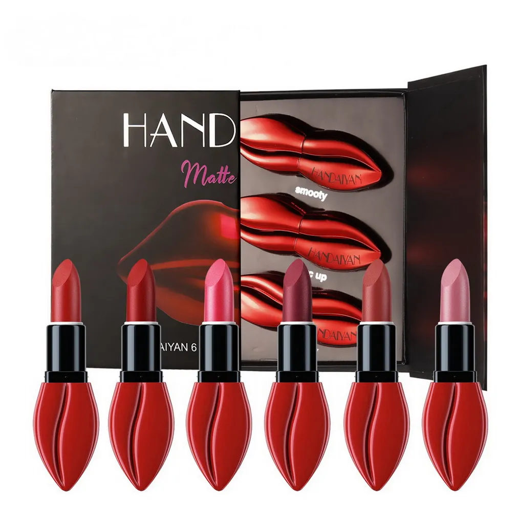 Handaiyan 6 Lipstick Lipstick Matte Set مرطب طويل الأمد من السهل ارتداء مقاوم للماء ليس من السهل إلغاء إلغاء إلغاء تشكيل طقم الشفاه Makeup Makeup