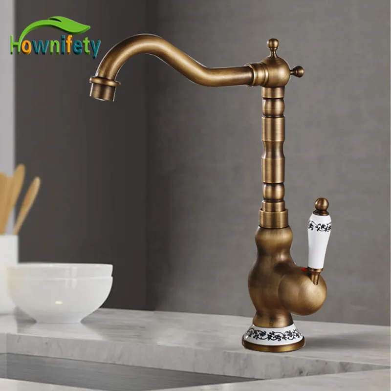 Kitchen Faucets Antique Brass Kitchen Faucet Cold Mixer Tap Single Hole Bathroom Faucet Rotatable crane Blue and white porcelain handle 230331