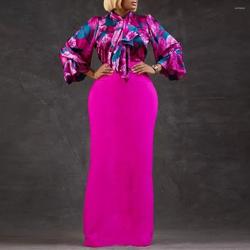 Vêtements ethniques Robes Africaines Pour Femmes Imprimer Patchwork Arc Col À Manches Longues Taille Haute Élégant Rétro Afrique Célébrer Floral Robe Robe