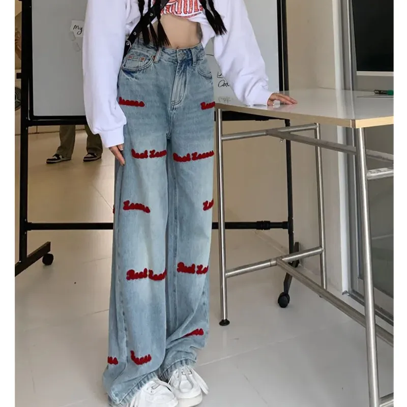 Kvinnors jeans streetwear brev broderi kvinna hög midja y2k raka baggy byxor koreansk mode 2023 trendbyxor 230331