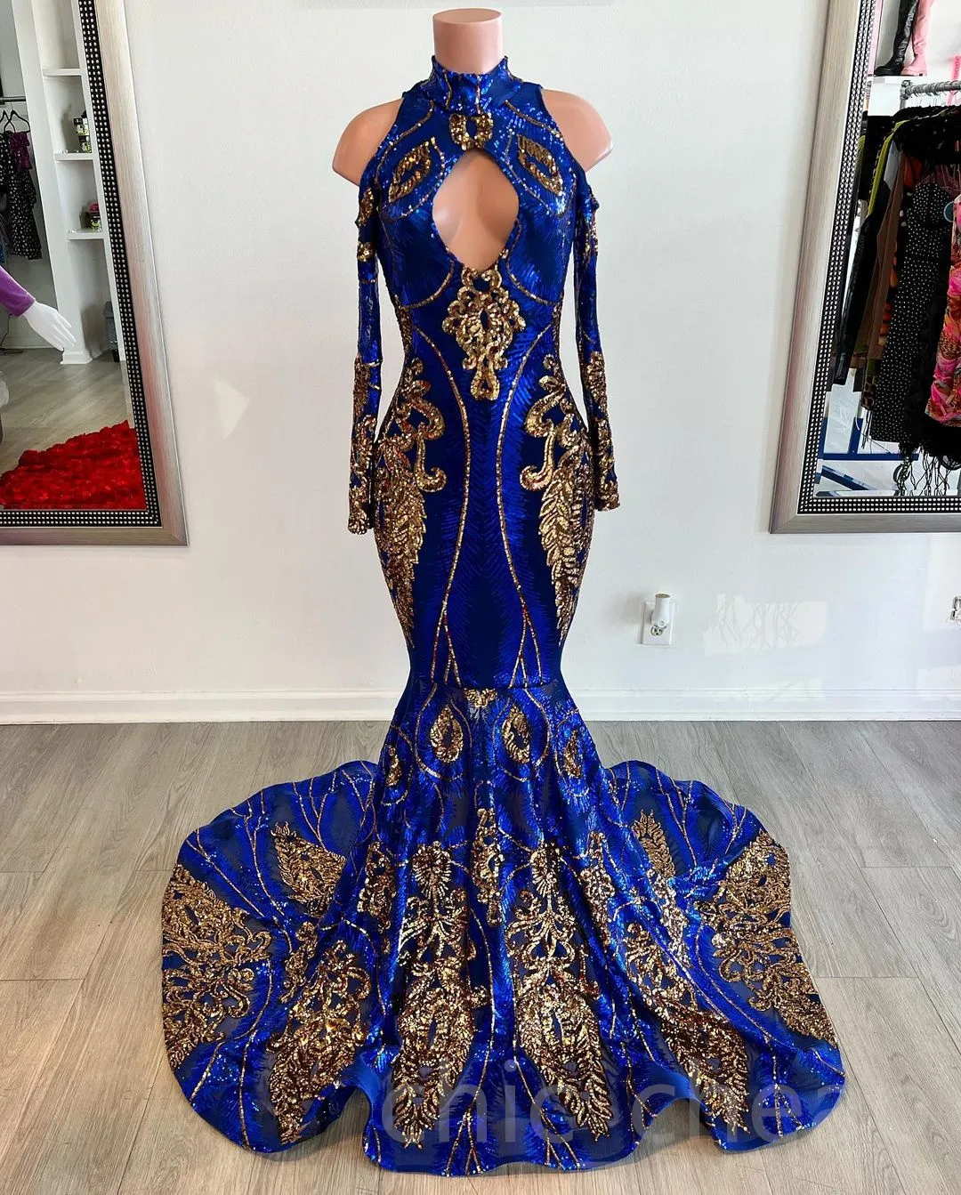 2023 Arabe Aso Ebi Bleu Royal Robe De Bal Paillettes Dentelle Sirène Soirée Formelle Partie Deuxième Réception Anniversaire Robes De Fiançailles Robes Robe De Soirée ZJ240