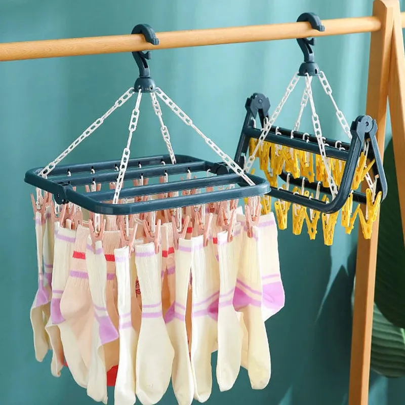 32 Clips Folding Clothes Hanger Children Adults Dryer Windproof Socks  Underwear Plastic Drying Rack