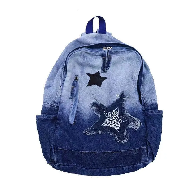 Schultaschen Mode Mädchen Stern Muster Denim Rucksack Lässig Blau Für Frauen Jungen Rucksäcke Persönlichkeit Y2k Farbverlauf Kinder 230331