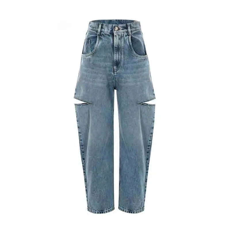 Women's Jeans Cosmicchic Women Straight ripped Casual Knife Cut Hole Loose Pants High Waist Street Retro Denim Trousers Female 230331