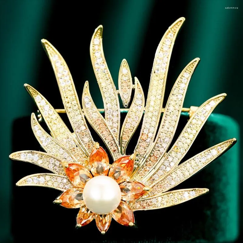 Broscher zhen-d smycken vacker orange cz korall blomma naturligt sötvatten pärlbrosch stift underbar gåva för kvinnor unika stift