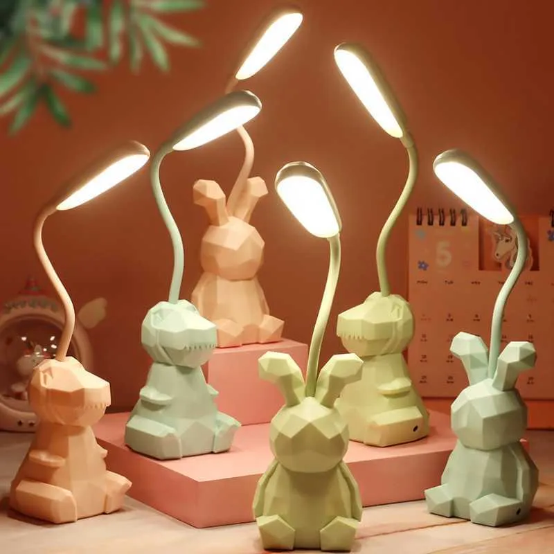 Nattljus LED NATTLÄDNING DINOSAUR Pink Rabbit Desk Lamp USB Laddning Bedside Kids Reading Lights Mini Studying Lamp Room Table Lamp Gift P230331