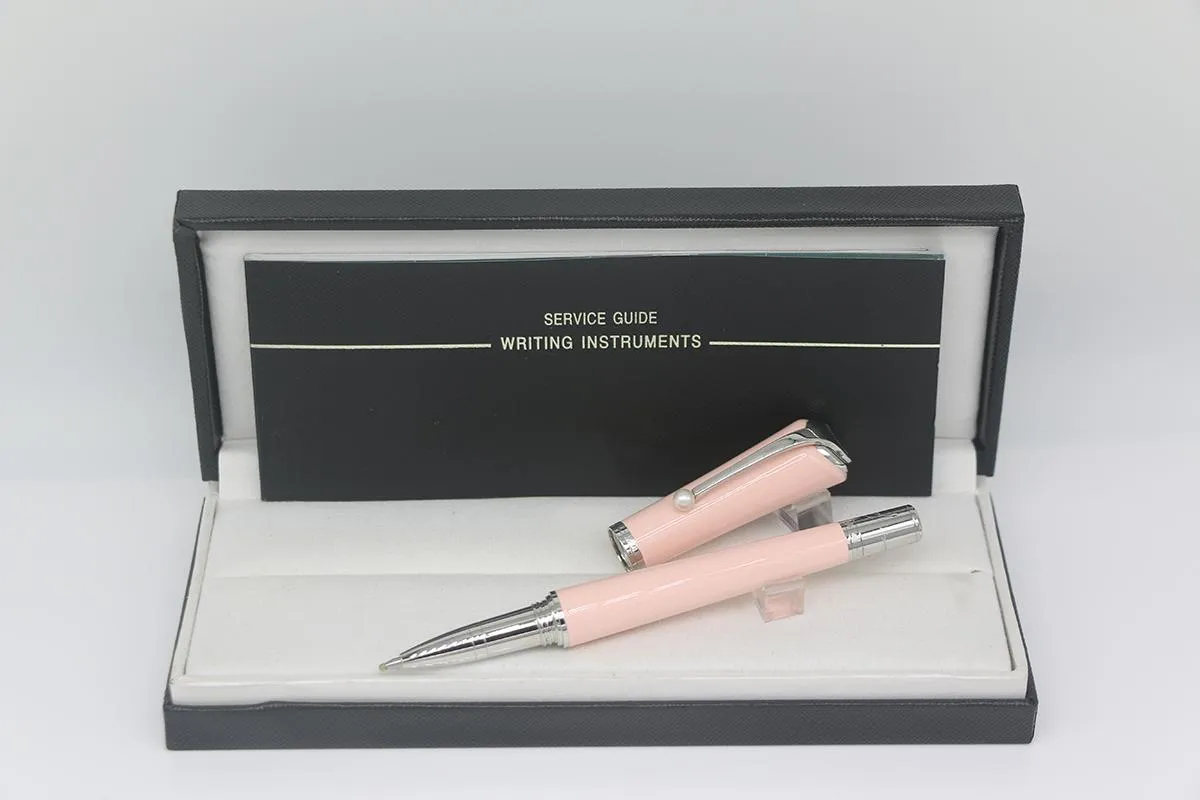 Stylo MbRoller de luxe couleur du corps rose avec garniture argentée et stylo cadeau de fournitures scolaires de bureau en perle blanche
