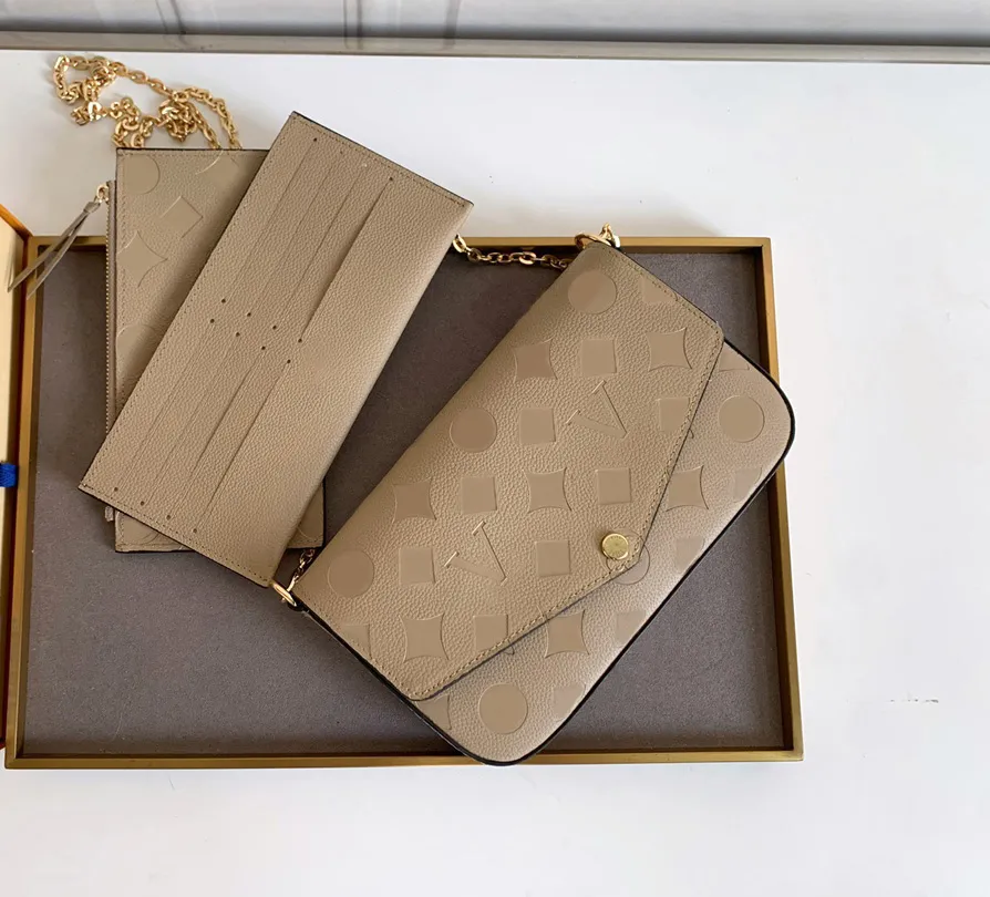 Designer dames schoudertas luxe pochette felicie handtassen in reliëf bloemenletters empreinte lederen mini keten make -uptassen dames mode portemonnees koppeling #276e