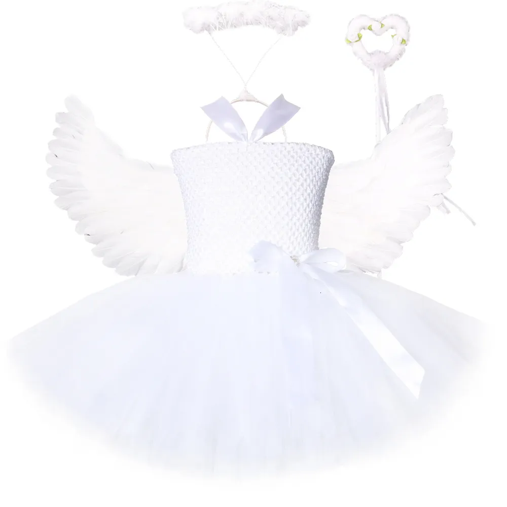 Cosplay White Angel Tutu Traje for Girls Princess Fairy Cosplay Dress With Wings Halloween Trajes For Kids Roupos Menina Roupa 1-14Y 230331