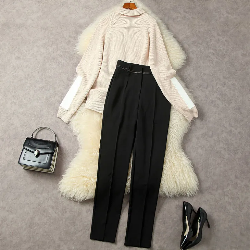 Spring Apricot Contrast Color Two Piece Pants Sets Long Sleeve Turtle Neck Knitted Sweater & Black Long Pants Suits Set L2N182181