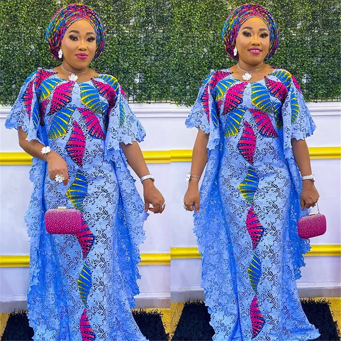 Robe en dentelle africaine elegante pour les femmes plus taille dashiki boubou de mariage robe de fete de mariage polyester en coton vetements