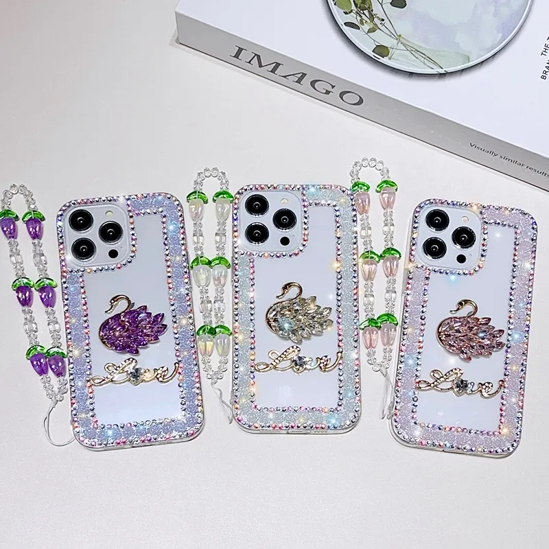 3D Swan Bling Diamond Case для iPhone 14 Pro Max 13 12 11 XR XS 8 7 плюс модная роскошная сияльная мягкая таблица TPU Flower Lov