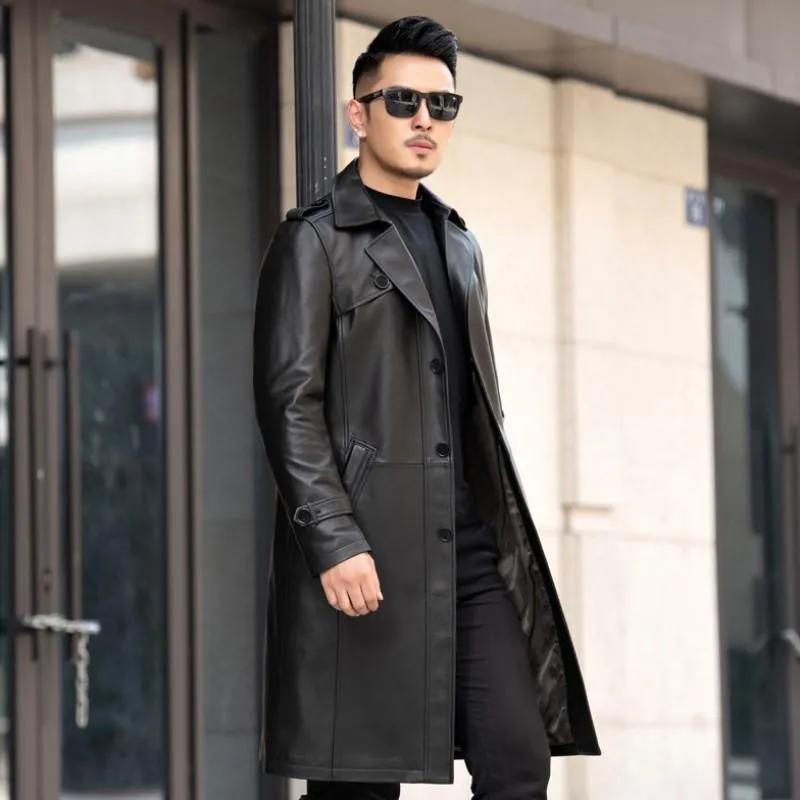 Men's Leather & Faux Fashion Mens Single Breasted Military Belted Long Trench Coat High Quality Business Office Work Sheepskin Genuine Jacke