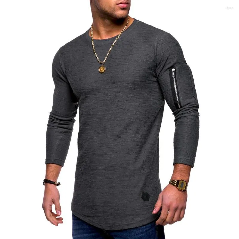 Magliette da uomo Fashion Casual Arm Zipper Design Tees Top Autumn Solid T-shirt da uomo O-Collo manica lunga da uomo Camicia da fitness completa