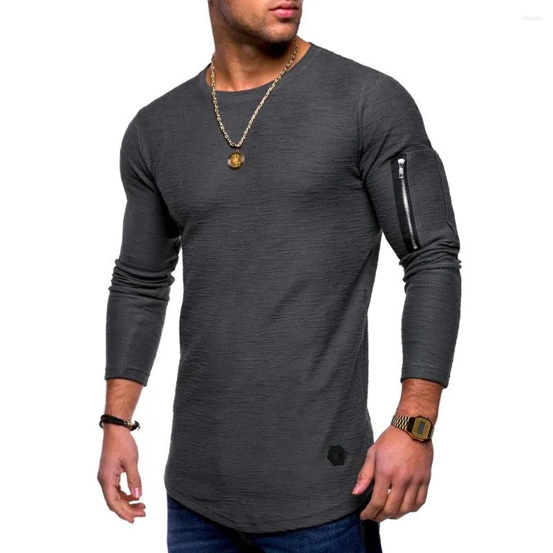 Hommes t-shirts mode décontracté bras fermeture éclair conception t-shirts haut automne solide homme T-shirt col rond à manches longues hommes Fitness chemise complète