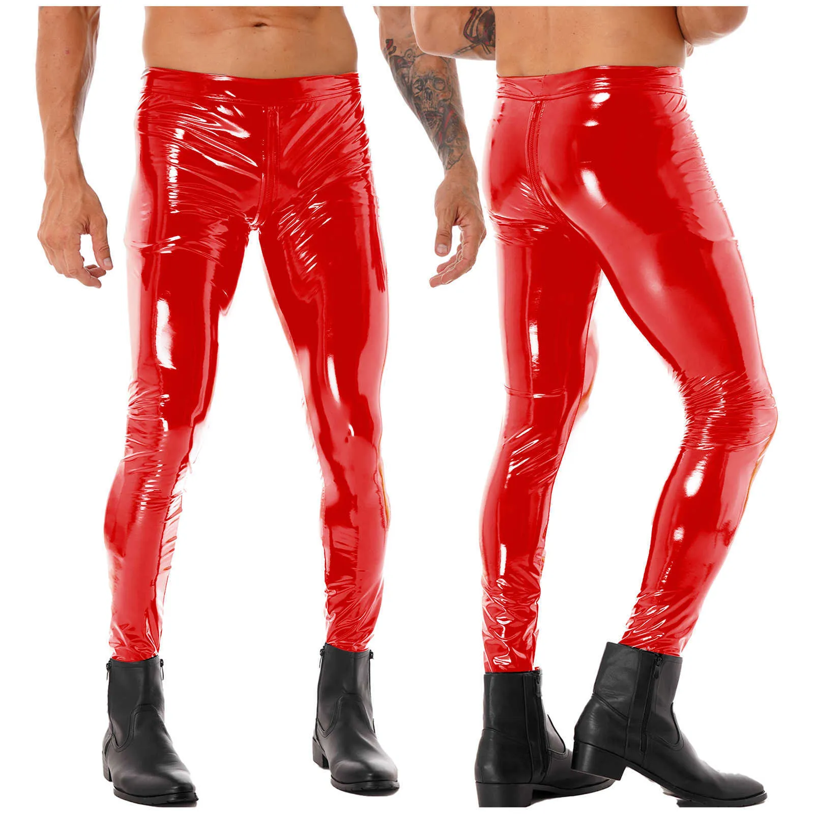 Glossy Patent Leather Latex Pants Men With Two Way Zipper And