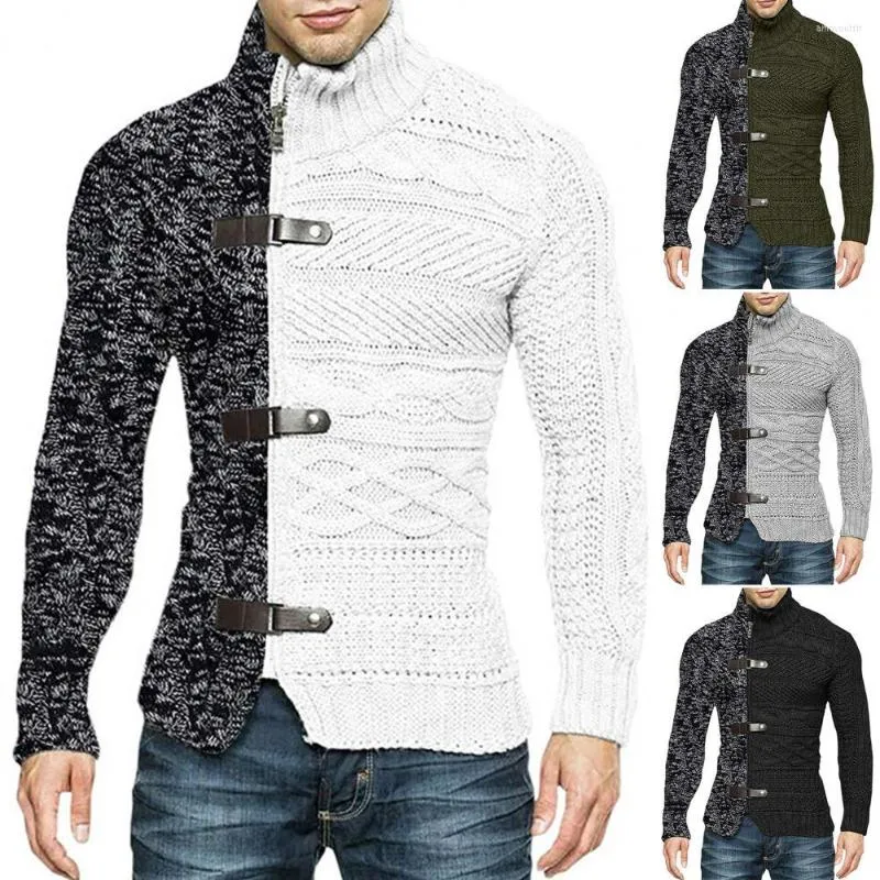 メンズセーター冬の秋の男性セーターコートカラーマッチング非対称の長袖タートルネックスリムウォームニットプルオーバーカーディガン